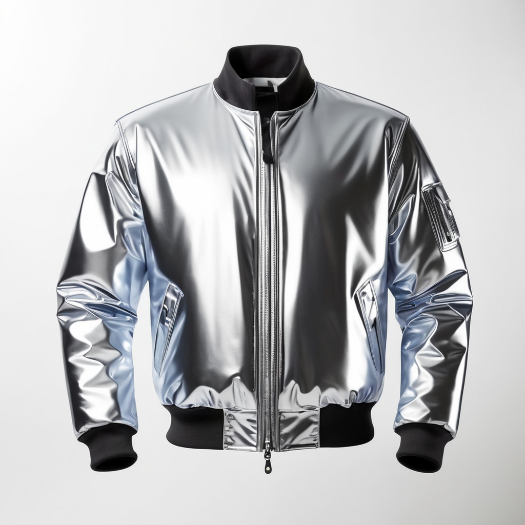 A realistic photo of a chrome shiny jacket, coverall with reflective material, isolated, white background