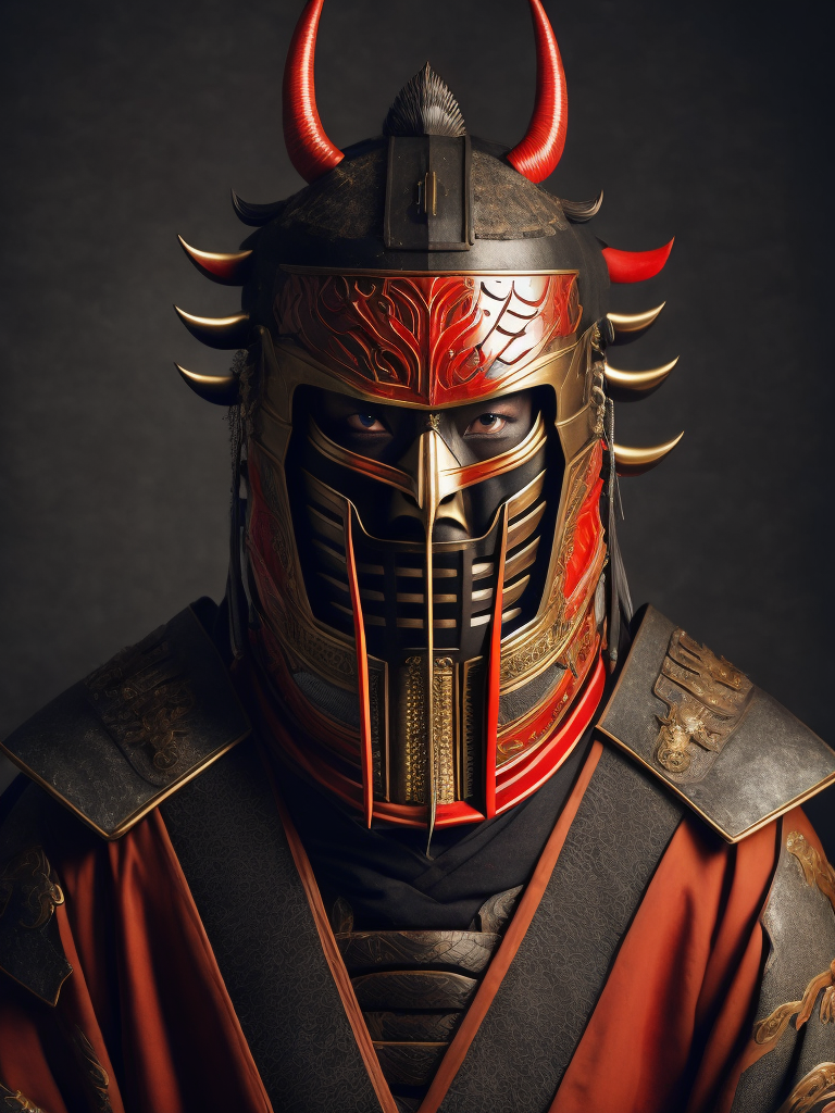 japon samuray geleneksel kıyafetleri ve zırhı içinde korkutucu kırmızı maskesi var çok gerçekçi fotoğrafı