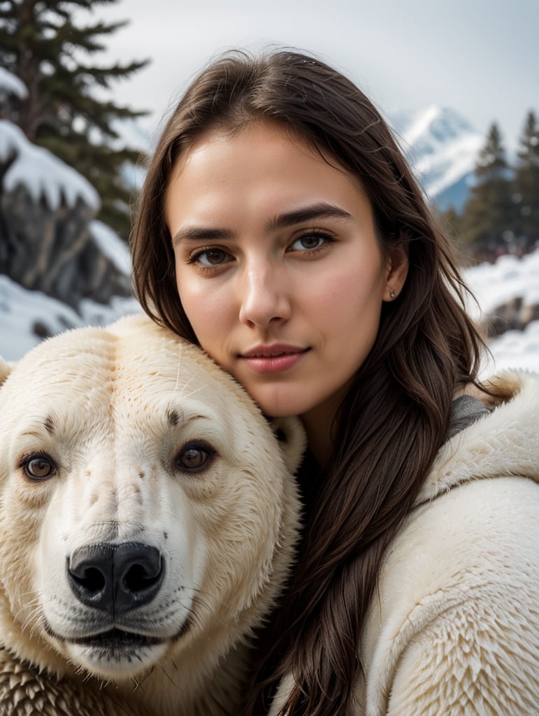 selfie of young woman with a polar bear, polar location, ice and snow, cold environment, highly detailed