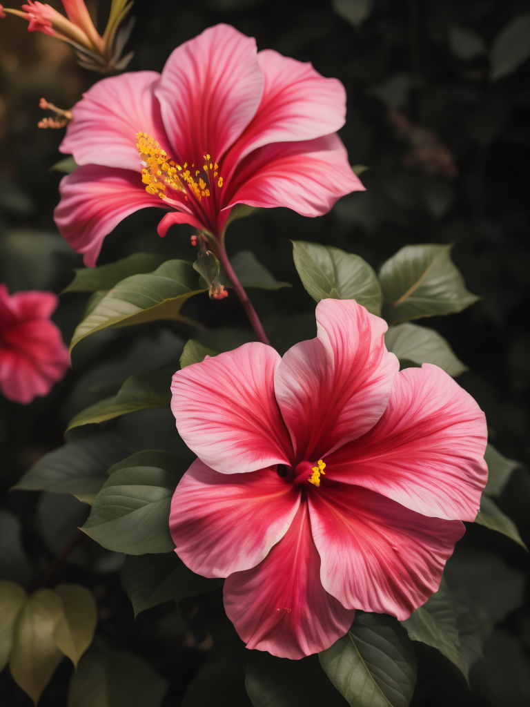 гибискус цветок розовый, в саду светит солнце