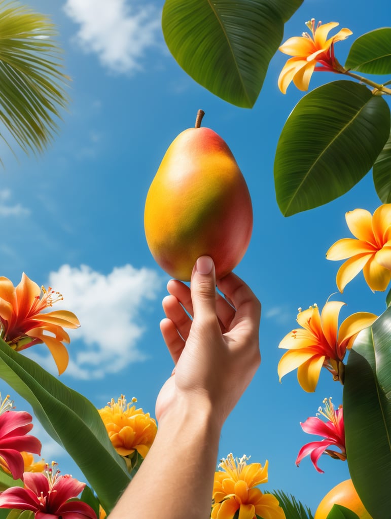 a hand holding a mango against the background of blue sky and tropical flowers
