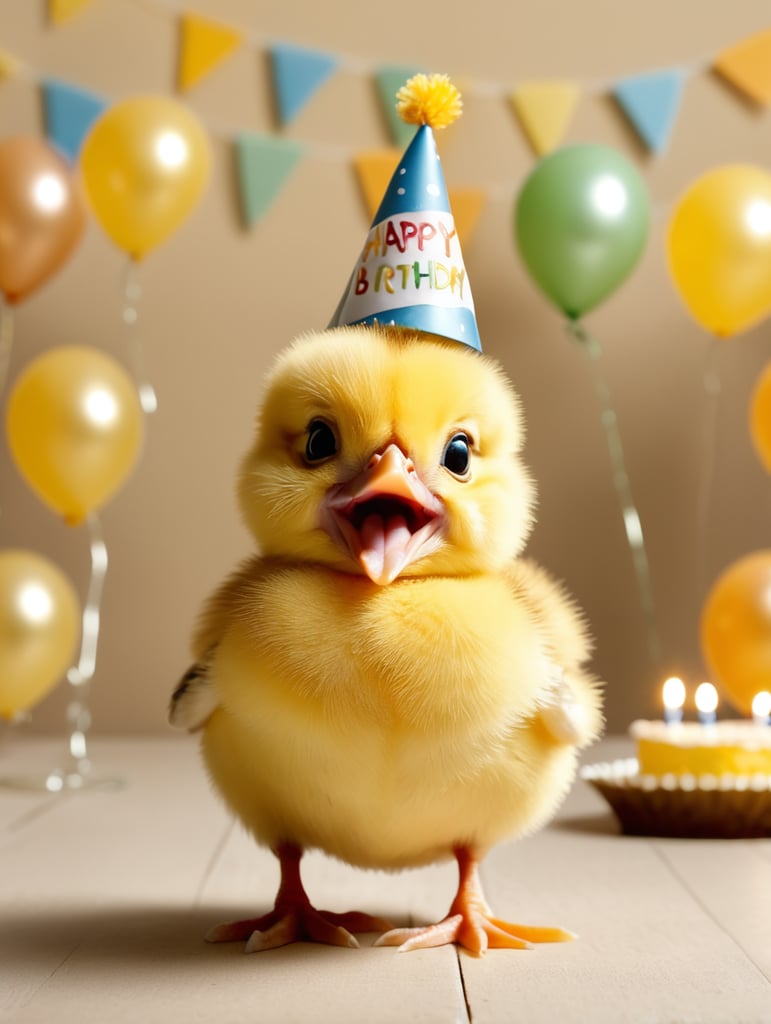 portrait of a Yellow Baby Chick Singing Happy Birthday, stands front camera with birthday cap, happy birthday image