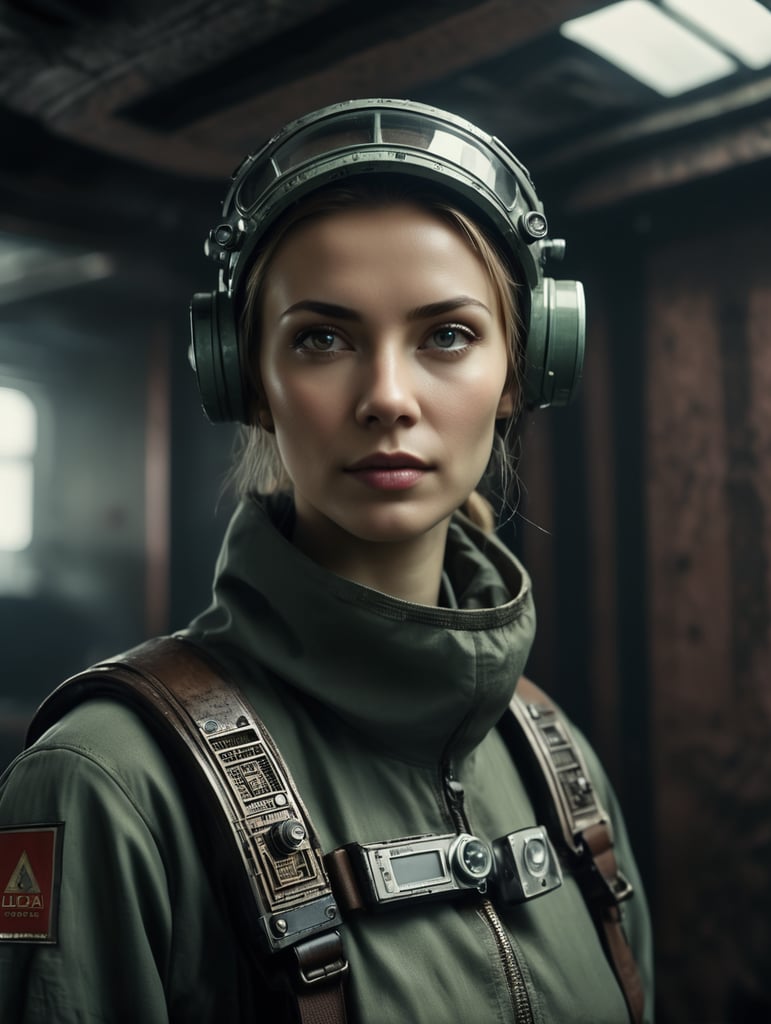 Leica environmental portrait of woman looking at the camera in a dystopian sci-fi home ussr, in the style of dark hues, ussr, coded patterns, sparse and simple, uhd image, urbancore, sovietwave, shadowplay