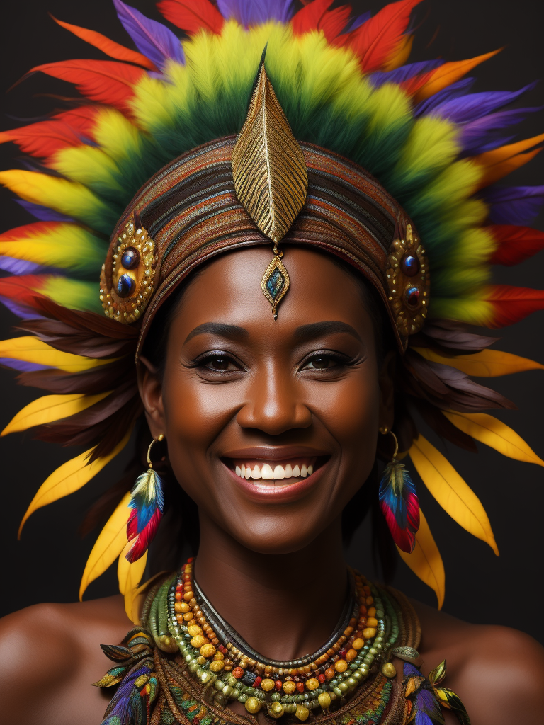 Papua New Guinea lady smiling, head dress, bright multi coloured feathers, chocolate brown coloured dark background of leaves , tropical, dramatic light, vibrant iridescent colours, tribal face paint