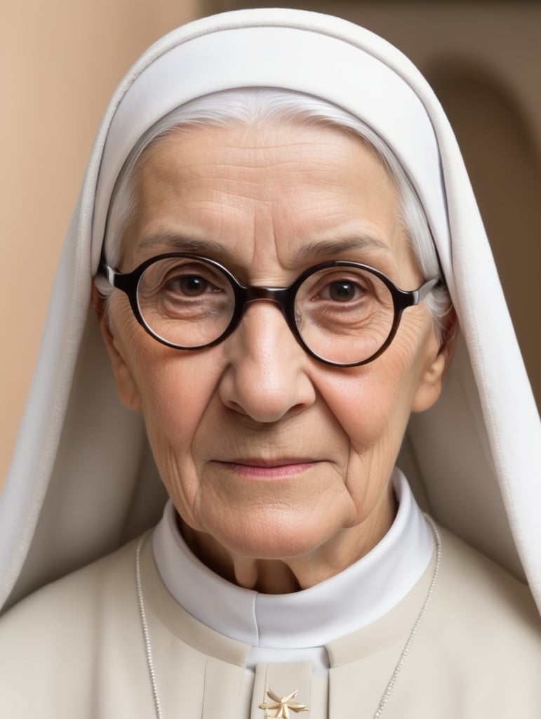 old Spanish white nun, who wears glasses, front-facing