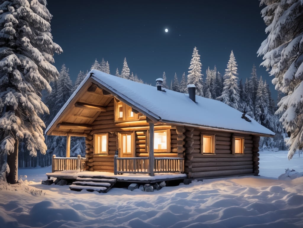 Small log cabin in the pine forest, snow covered pine trees, the Alps in the background at night