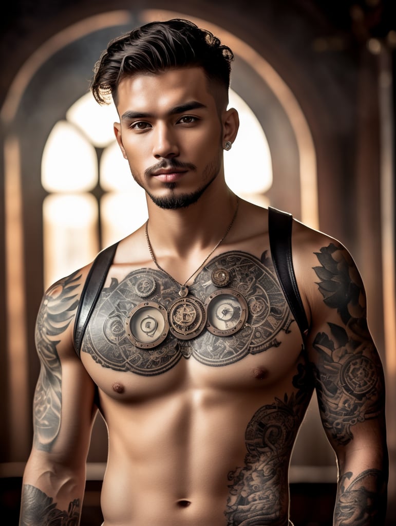 young man, chest tattooed with one heart, steampunk style illustration, high detail, dramatic light
