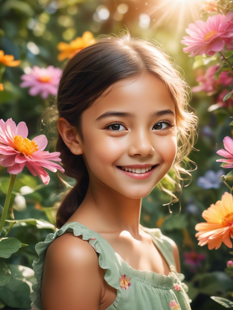 In a whimsical garden, a young girl stands with one side of her lip turned up in a playful smirk. She delicately covers part of her face with a colorful flower, its petals vibrant and radiant against her skin. The sunlight filters through the foliage, casting a warm glow upon her expression, which is filled with mischief and charm. Behind her, lush greenery and blooming flowers create a magical backdrop, adding to the enchantment of the scene