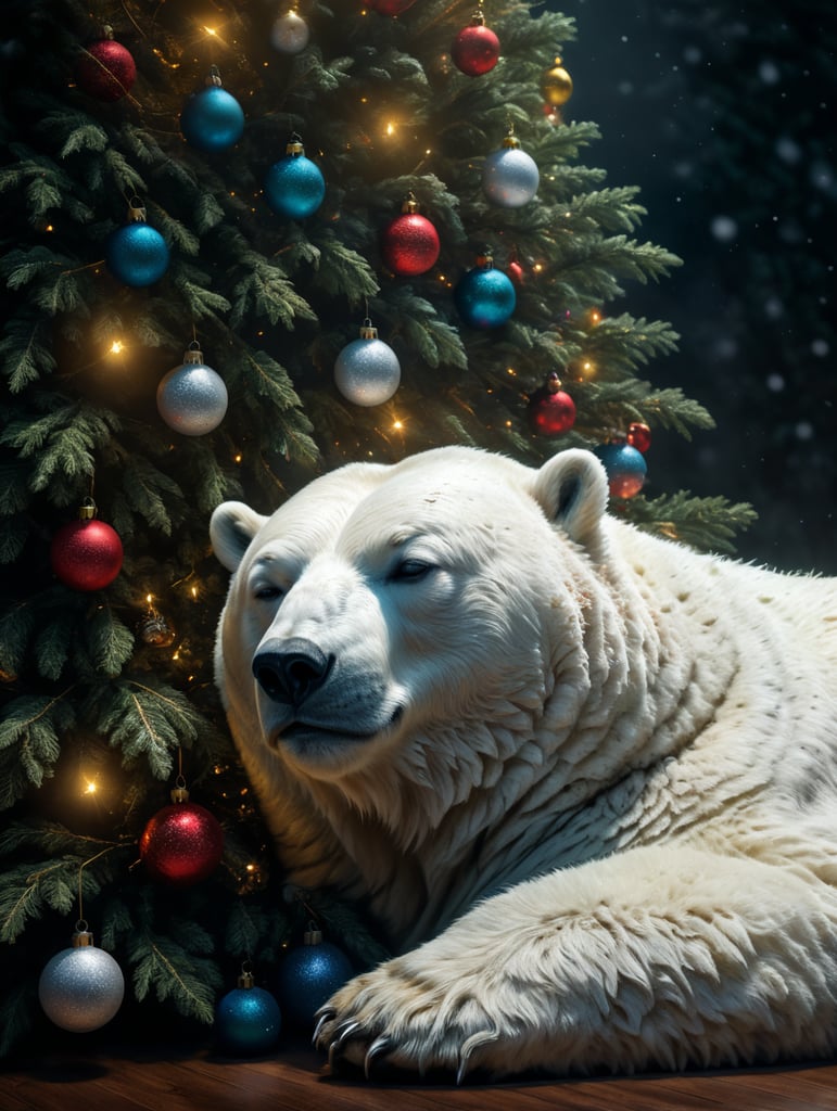 Polar bear, sleeping next to a Christmas tree