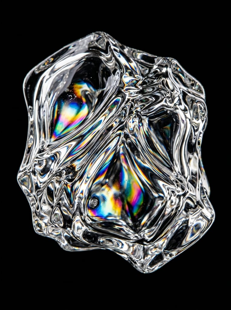 Irregular transparent glass mass, solid black background, crumpled fluid shape, sharp ridges, smooth melted curves, highly refractive surface, internal rainbow spectral dispersion, chromatic aberration, glossy reflections, abstract 3D render, macro focus, high contrast