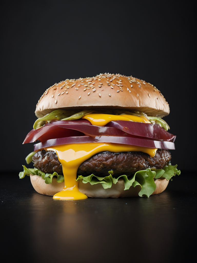 appetizing burger with leaking cheese on black background