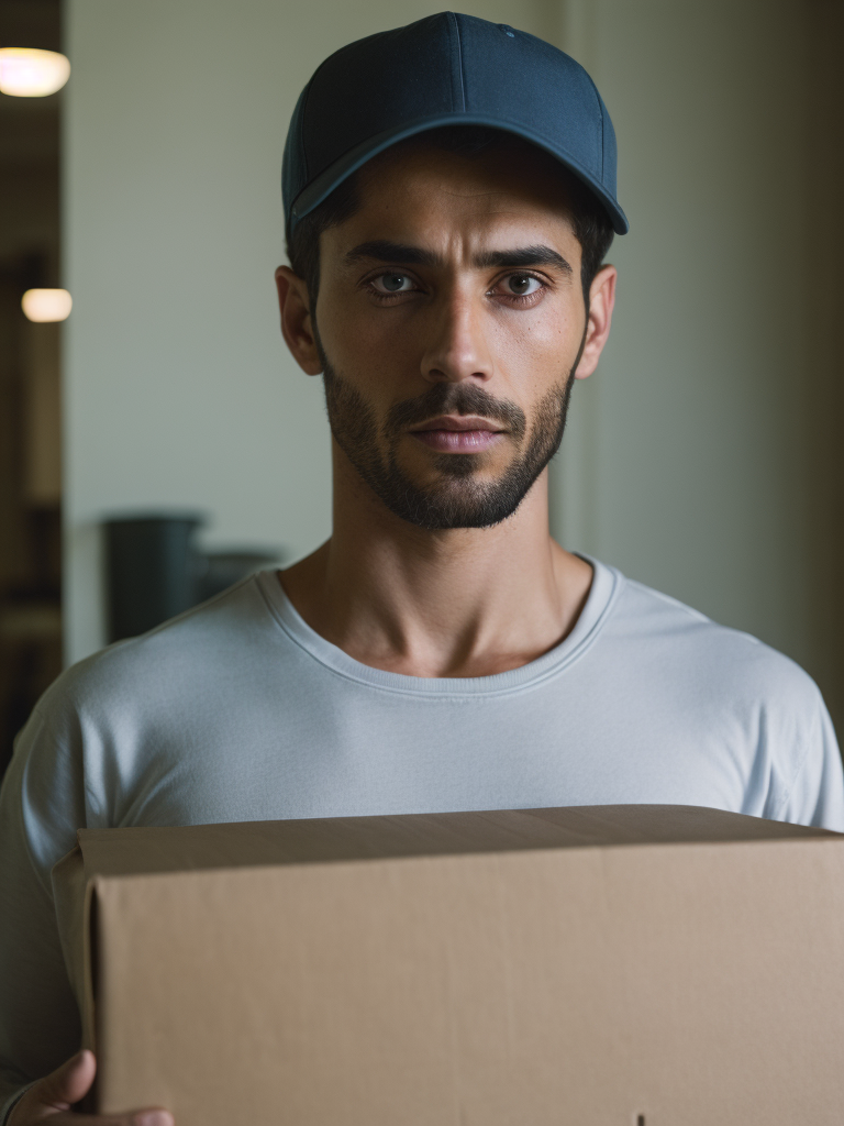 portrait of a delivery Arab man , wearing a white cap and white t-shirt, holding a box