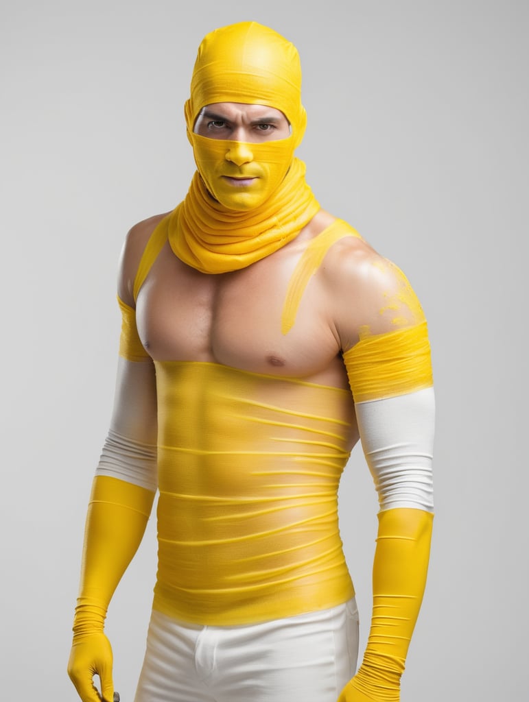 A photograph of man covered in yellow bandages with realistic style, halloween costume, yellow background, full body, show hands, show neck and head