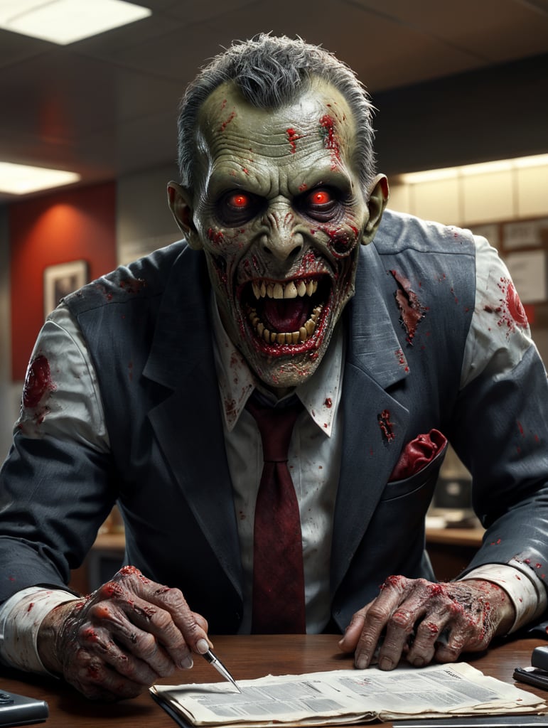 create zombie in a office doing paperwork, hyper realistic, 90 movie style. el zombie esta muy podrido. Very focused, very detailed damage skin. Very real red eyes, smiling. With cafe in the hands. Dark, scary, apocalipsis