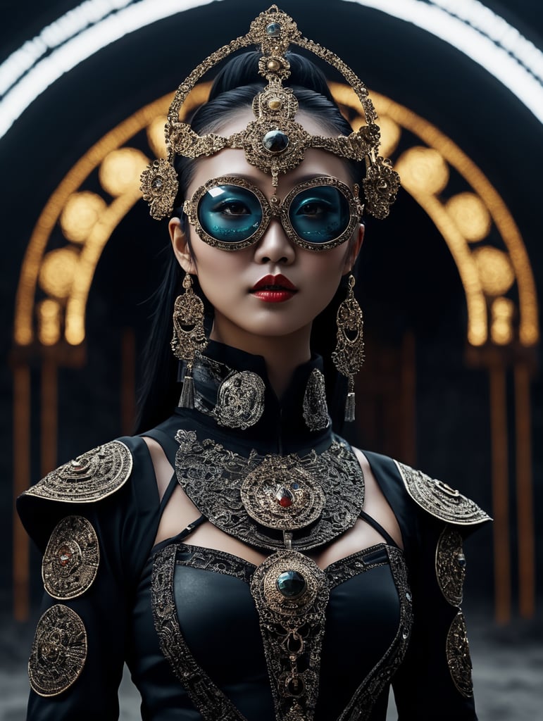 Jeweled mask, solarpunk travaler, futuristic mongolian nomad, traditional japanese outfit, gothic, avant garde glasses, technical outfit, construction worker, full body, women posing, epic portraiture, culturally diverse elements, full body, award winning photography, tinted light, modern african high fashion, futuristic experimental fashion photograghy, gothic avant garde, religious iconography, thick jewelry, abstract painted dress, matt black mask