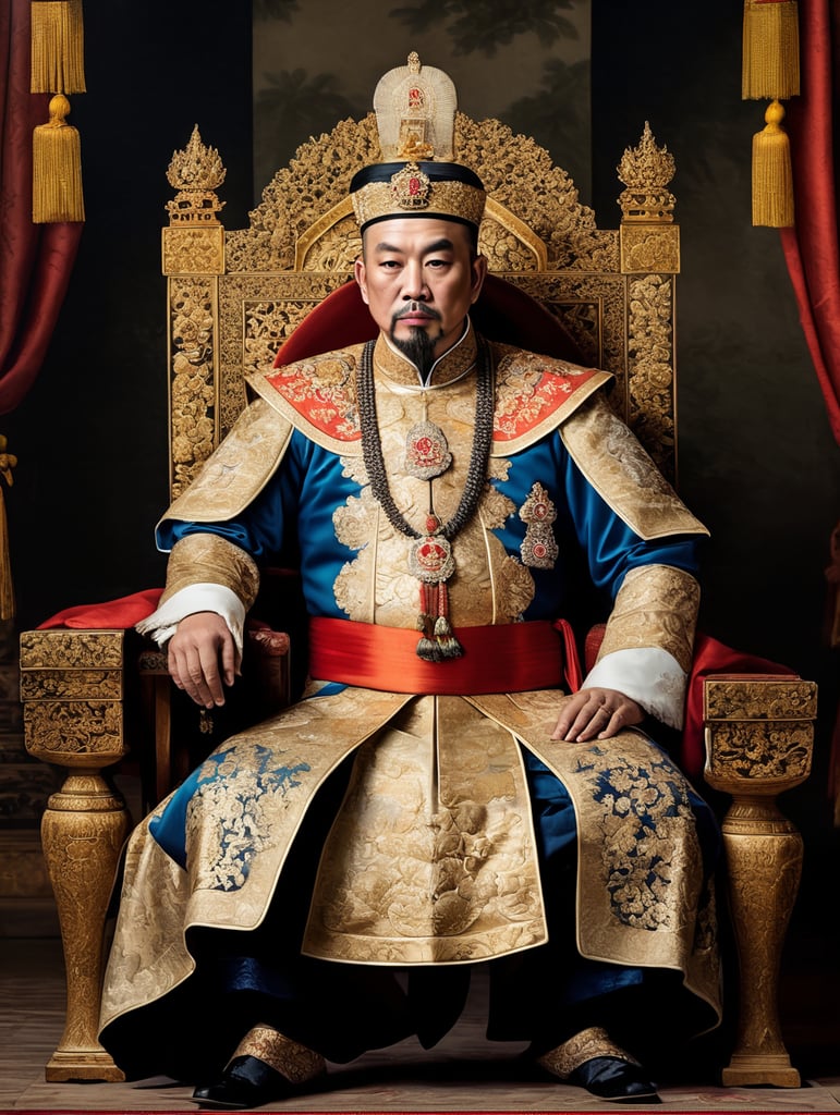 An 18th century painting of a vietnamese emperor sitting down, wearing european clothing and an asian imperial crown