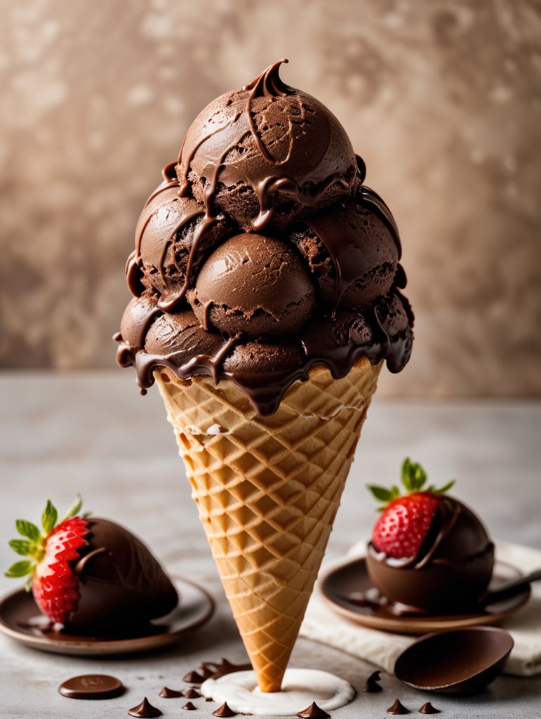 chocolate ice cream cone on chocolate background
