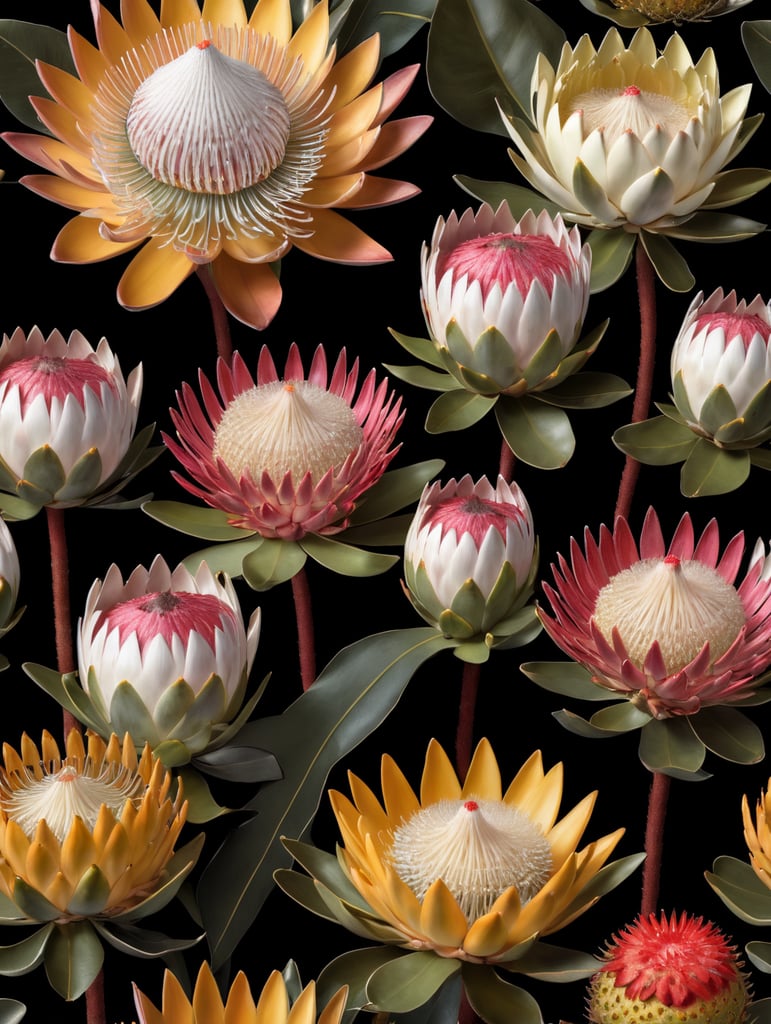 Detailed king proteas and pincushions against a black backdrop by martin johnson heade, artstation