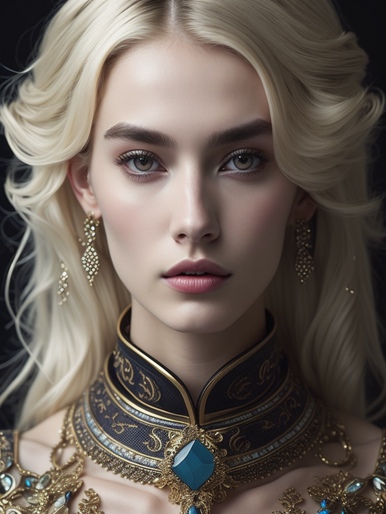 A beautiful painting featuring a young blonde woman and jewelry, in the style of zhang jingna, rinko kawauchi, baroque - inspired details, dark gold and light blue, fanciful, dreamlike imagery, hyper - realistic details, enchanting realms