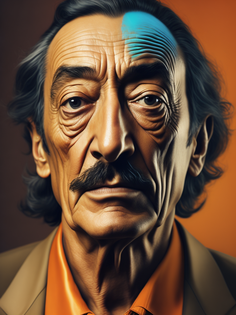 Salvador dali's portrait in vibrant colour using his painting style adding the famous elements in his paintings