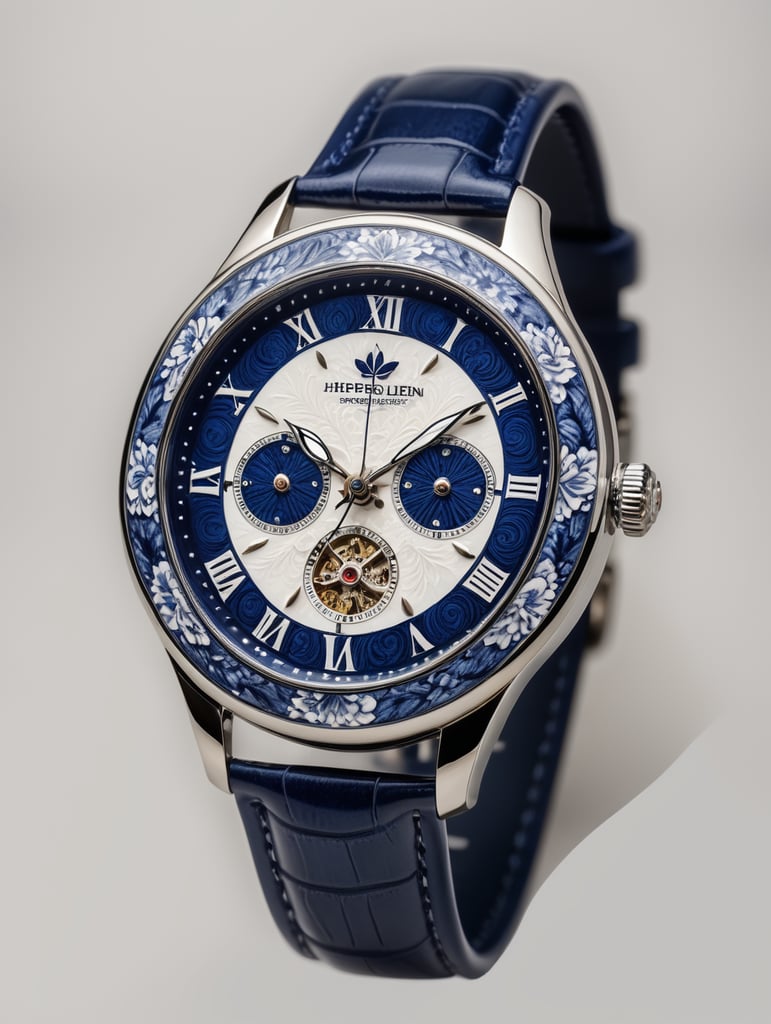 design a fully ceramic porcelain watch with beautifully detailed miniature decorative floral accents of blue and white, a blend of style and modern design, super detailed and showing the whole watch, stile life photography, isolate watch