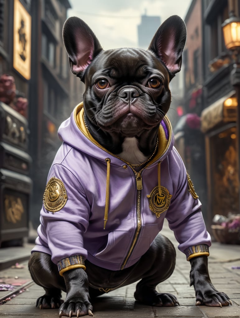 Lilac French bulldog in hip hop clothing