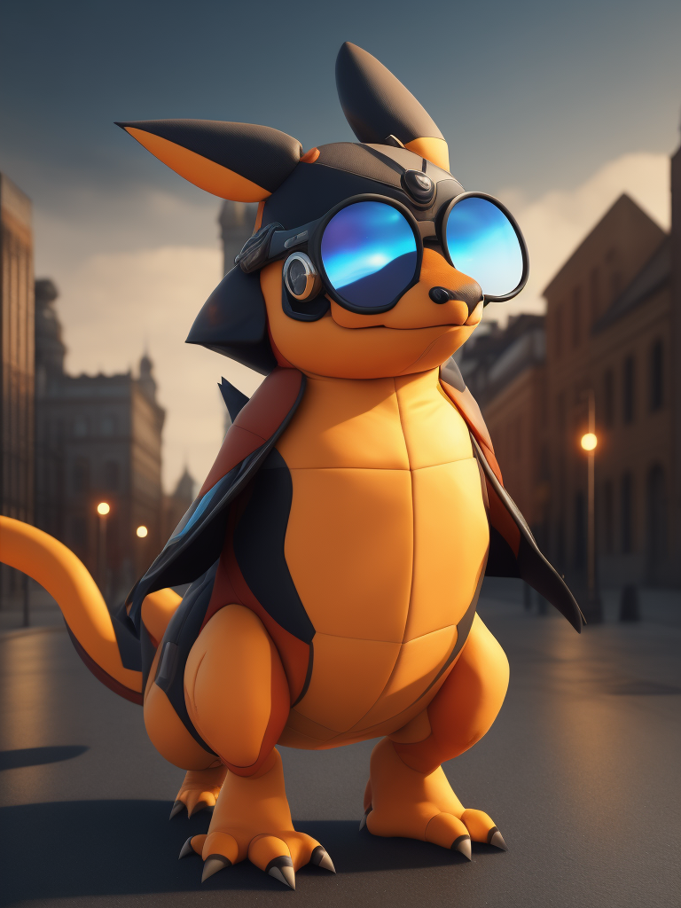 cute stylish pokemon Charizard dressed in stylish futuristic sportswear clothes, big sneakers and a futuristic glasses