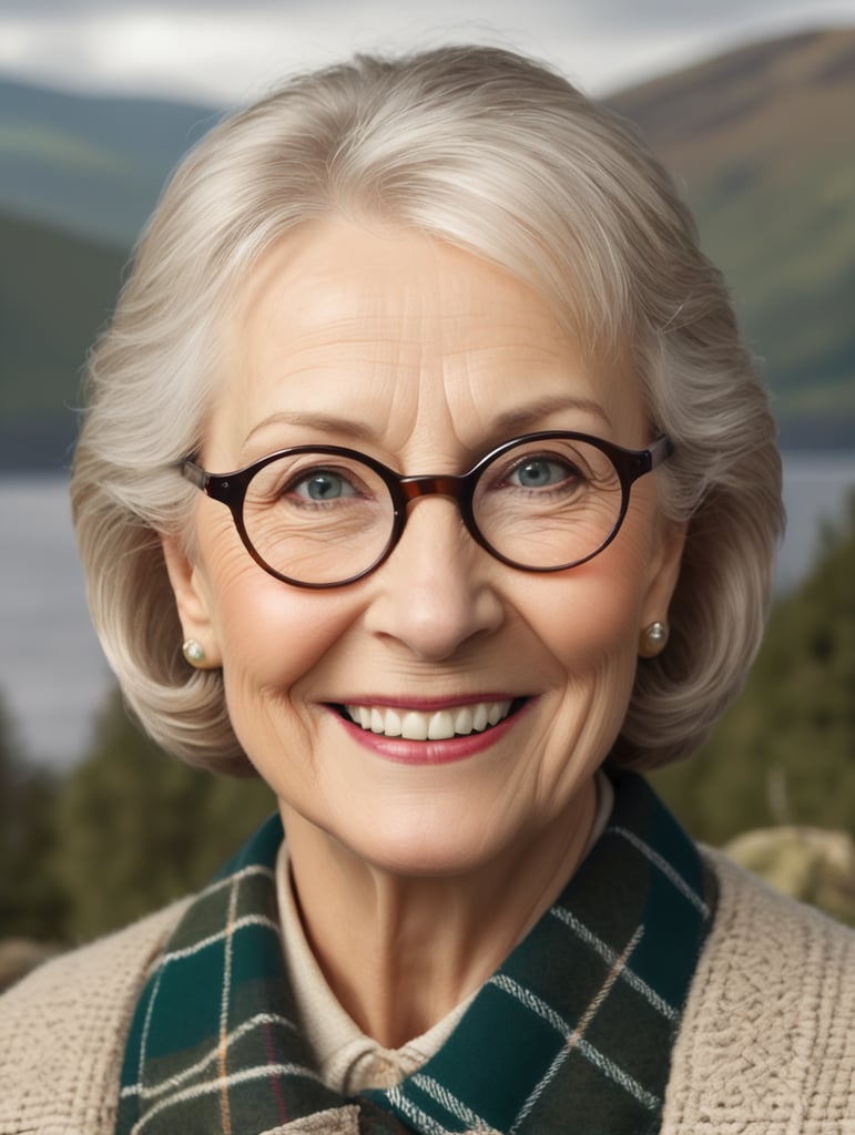 portrait of a 55year white woman with a round smiling face, glasses, Tartan clothes, Loch Ness monster, clear details