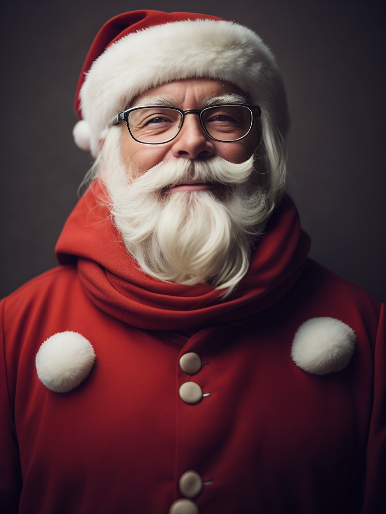 Um Pai Natal encantador de barba branca, gorro e óculos a sorrir e a olhar directamente para a camera. A foto é realista com um estilo vintage e uma luz mágica.