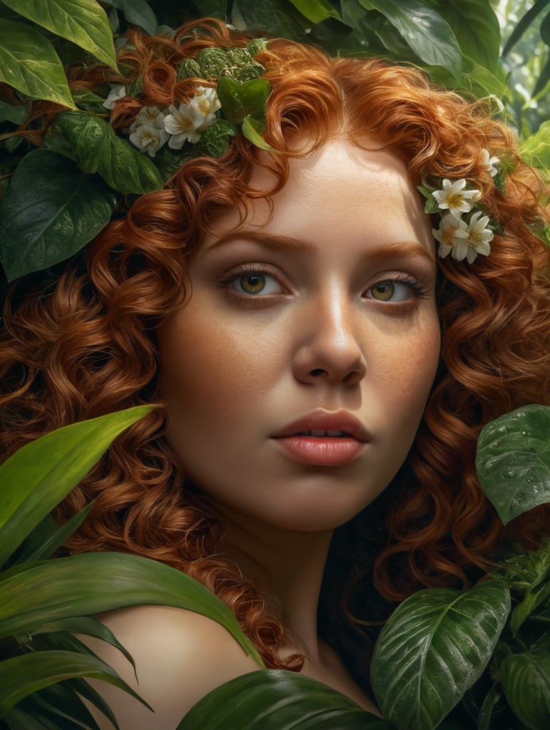 close up of a beautiful overweight redhead woman with very curly hair hiding behind lush jungle leaves and many flowers with leaves covering her whole face only her eyes and lips can be seen