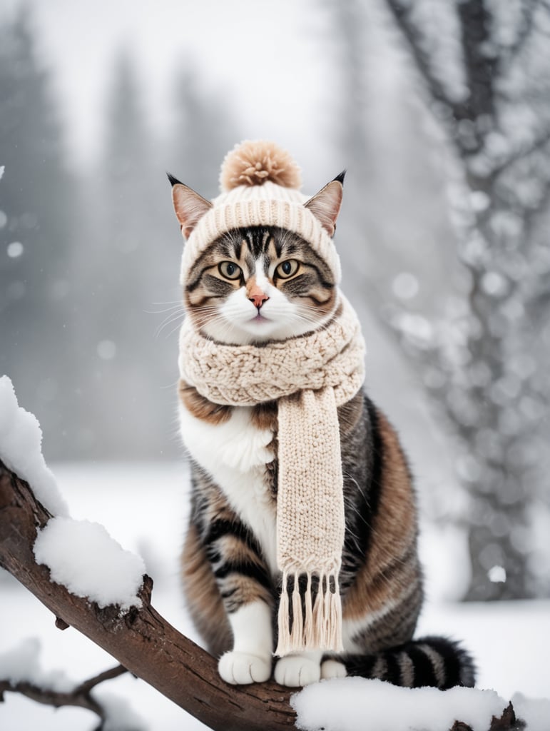 A cat sitting on a snowy branch wearing a woolly hat and scarf