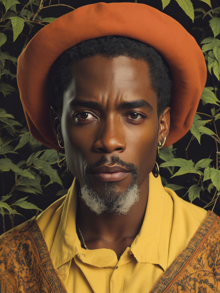 Jamaica's Man, portrait, realistic image, lots of detail, style of Mati Klarwein