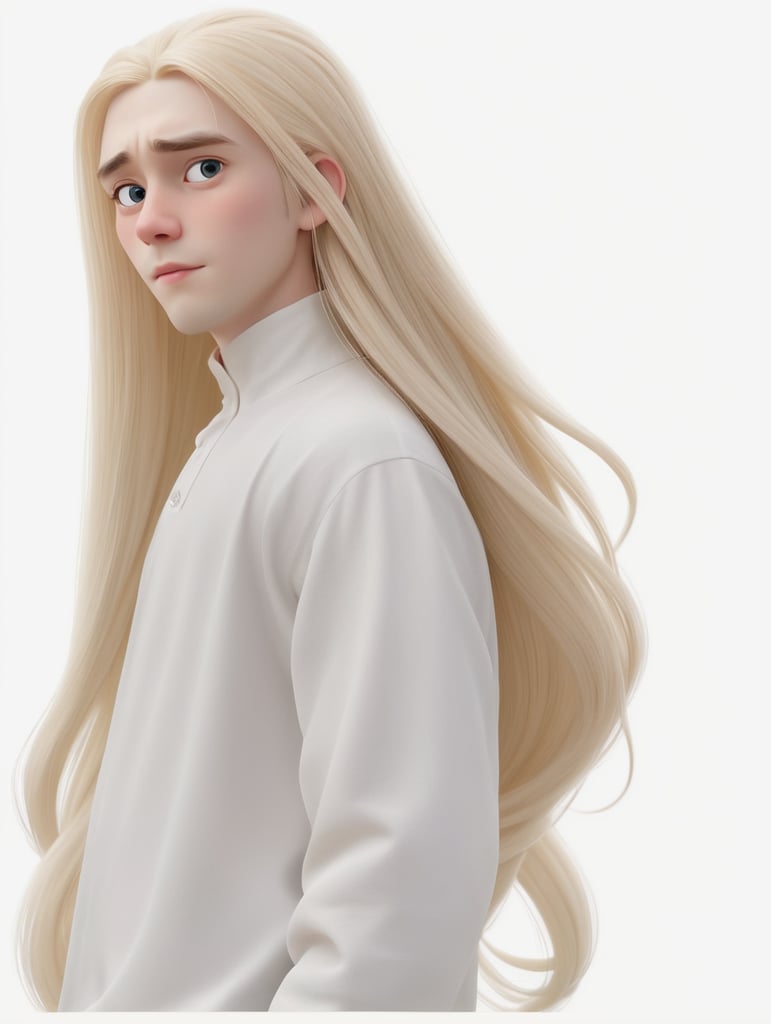 Young pale man, very long blonde straght hair