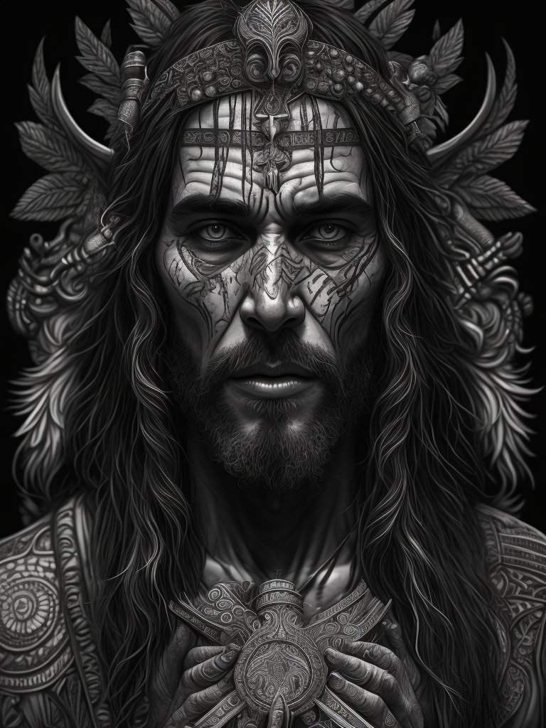 Jesus, realistic Shaman consuming ayahuasca, ink illustration, black and white, fine lines, intricate details, highly detailed