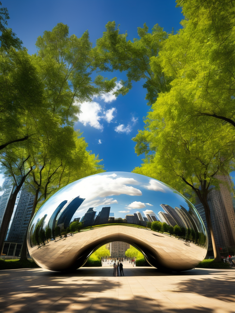 Chicago Millennium Park, Cloud Gate, Green trees, Skyscrapers in the background, Vibrant colors, Deep colors, Contrast lighting, Sunny day, High detail, Sharp details