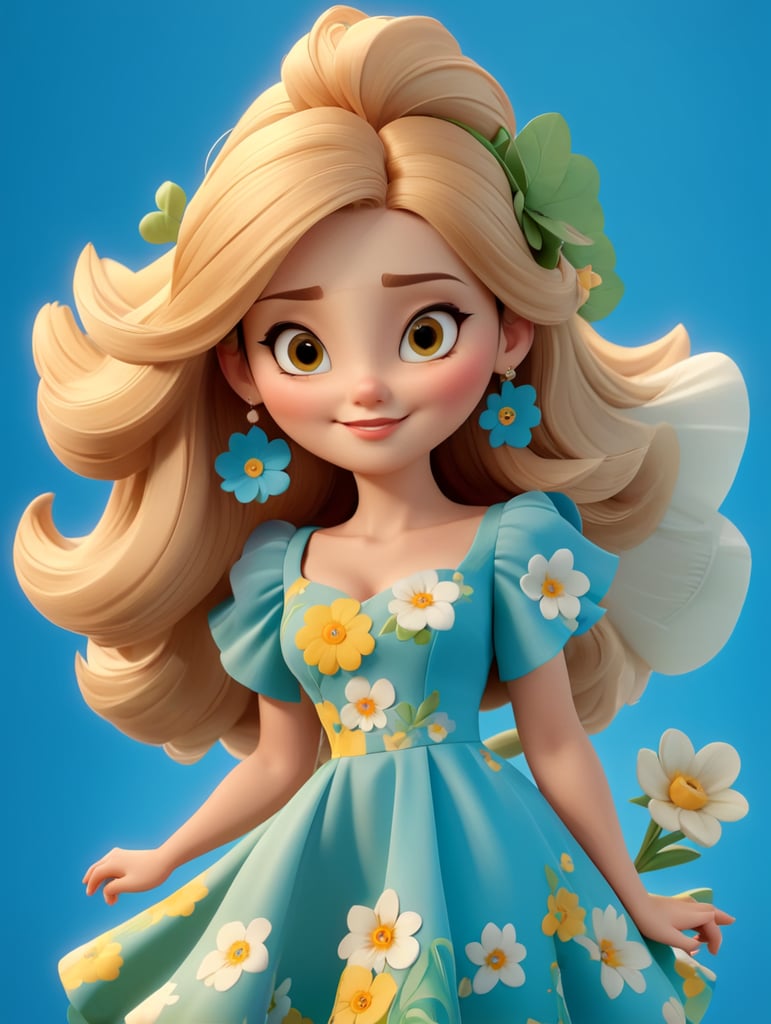 Female character with nice and clever face in modern flowered dress