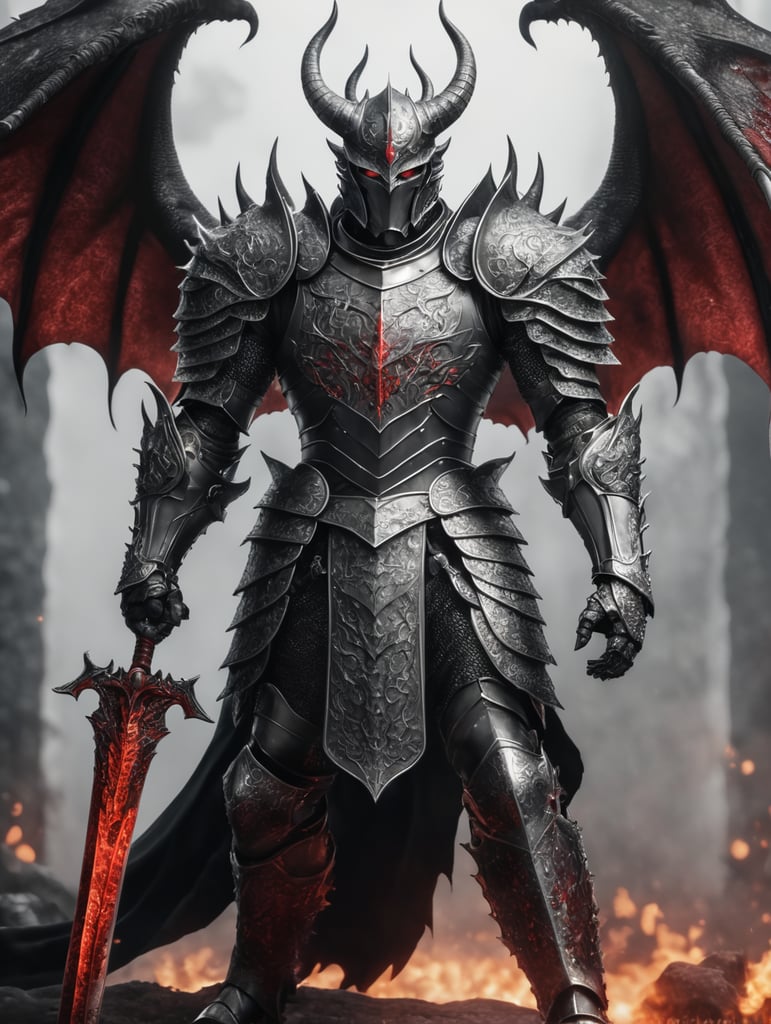 the dark knigth devil, blood of dragon battle in his armor, view full body, in the style poster art, medieval, intricate, dark gray realistic, 4k , relation aspect 16 9, cinematic 200mm
