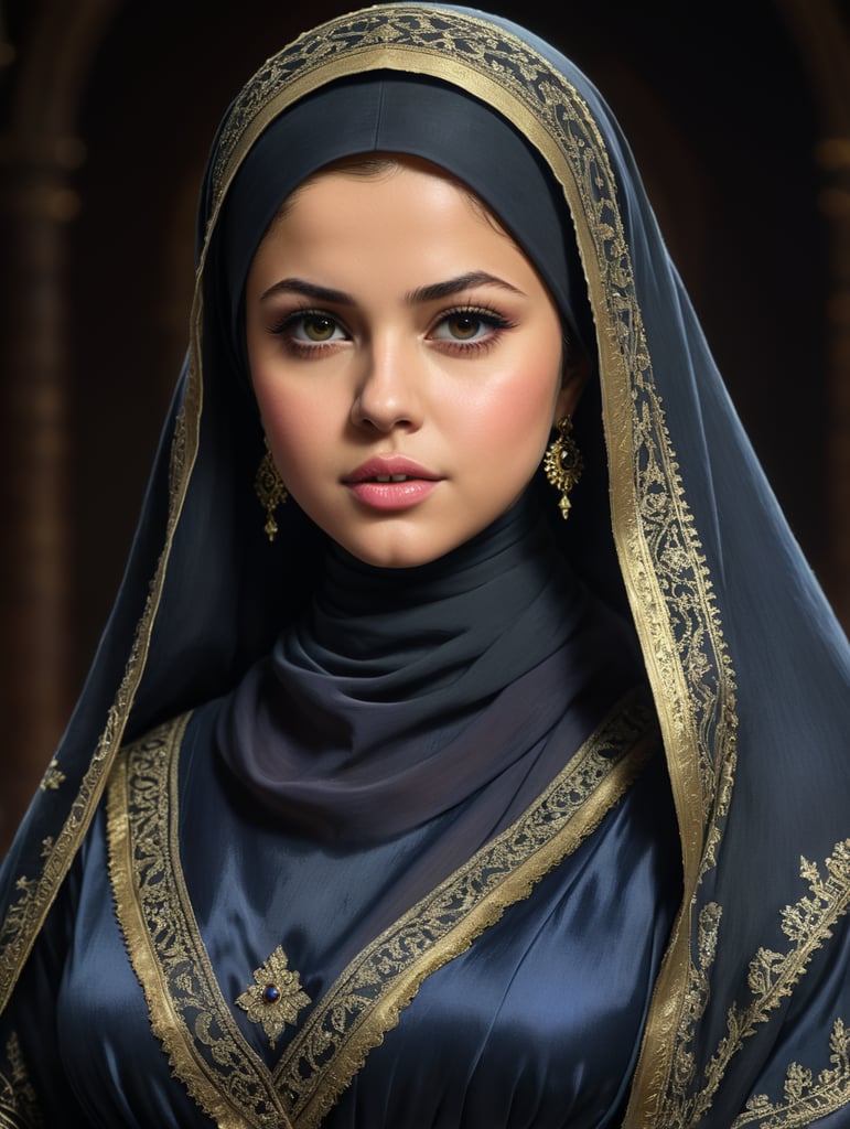 Selena Gomez, wearing gamis and hijab, from head to toe
