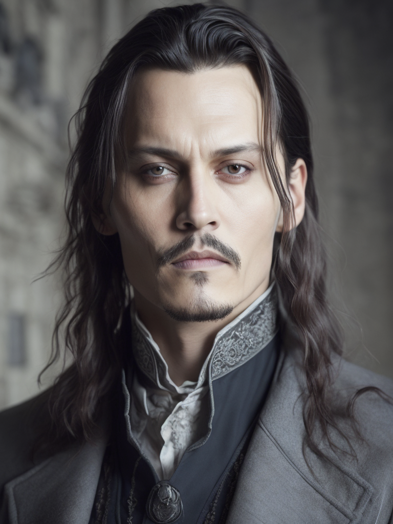 Portrait of Johnny Depp as Count Dracula, majestic look, long hair, mantle, against the backdrop of a medieval castle, detailed background, contrasting light, detailed face, muted tones