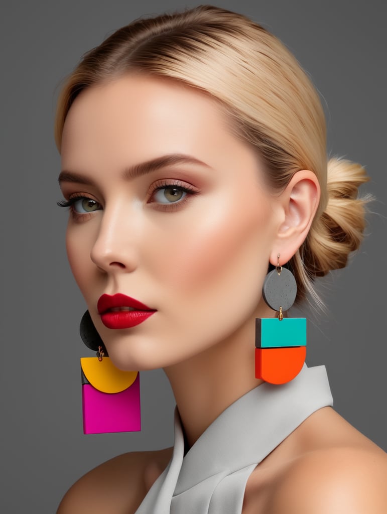 Aretes minimalistas de colores vibrantes con materiales ACRÍLICOS y concreto inspirados en la arquitectura de Luis Barragán colocados sobre una mujer de bello rostro y un fondo color gris obscuro.