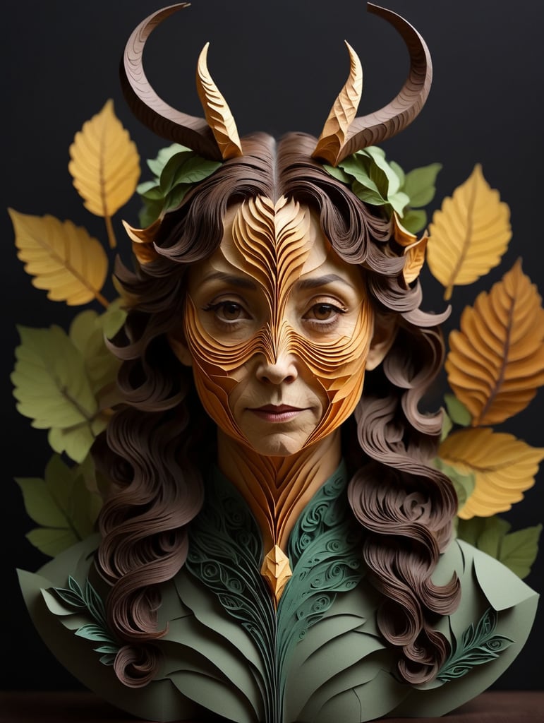 Ultrafine portrait of an old female faun, with a skin made of wood, looking at the camera, front view, with short and curve horns on her head, leaves on its hair, god of nature, sharp details,inspired by poison ivy from Batman,