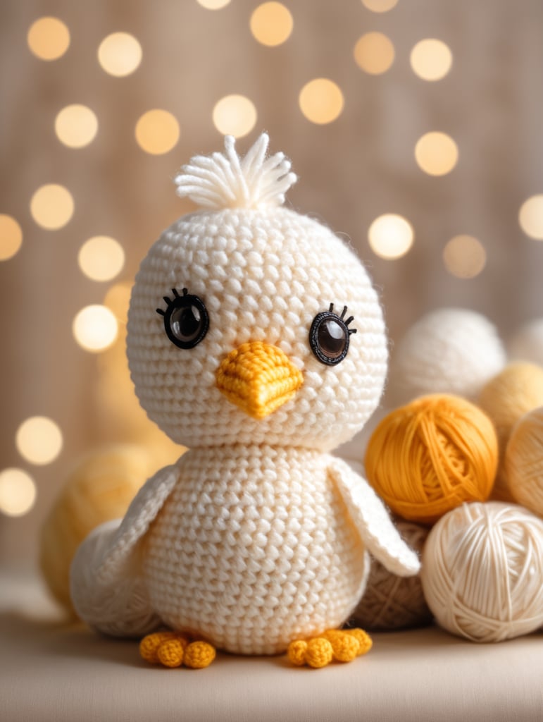 Stock photo, crocheted Amigurumi chick, studio photo, white and beige shades, bokeh, 32K, Sony Alpha a7R IV and 50mm f 1.4