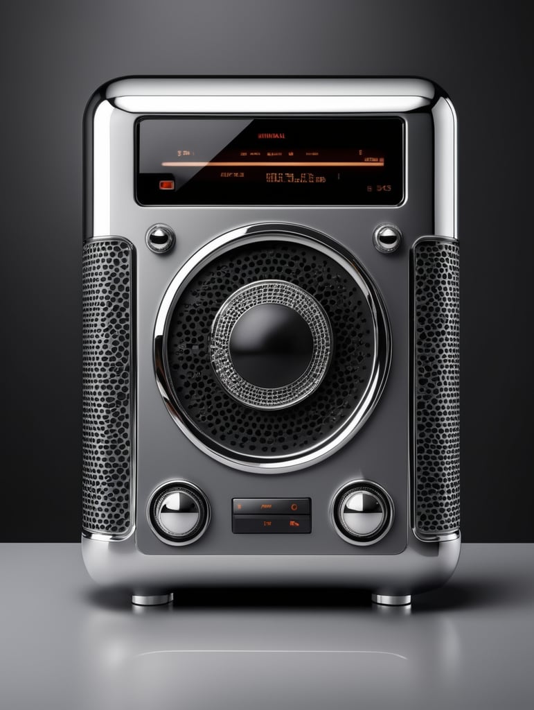 a super realistic professional photo of a modern futuristic minimal radio, plastic glossy material with a rubber texture, a very close detail shot, minimal aesthetic, background wallpaper, black and silver colors with chrome details