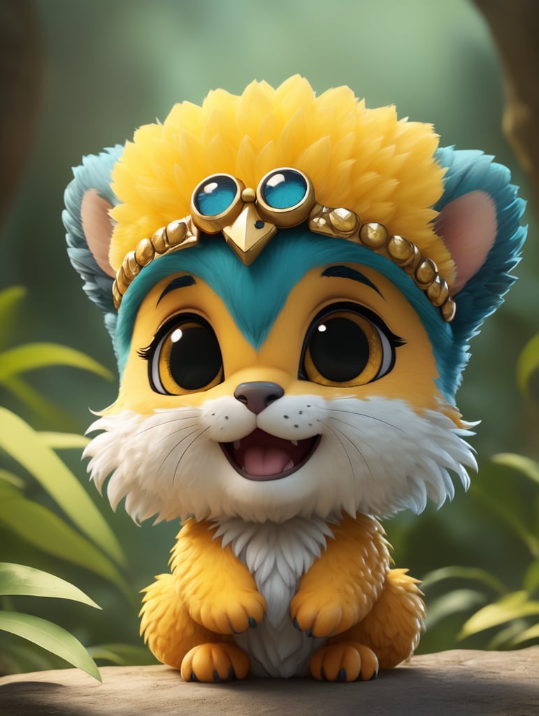 cute, fluffy, hybrid common kingfisher and jaguar, full view, chibi style, disney style, cartoon style, pixar style, yellow, alone
