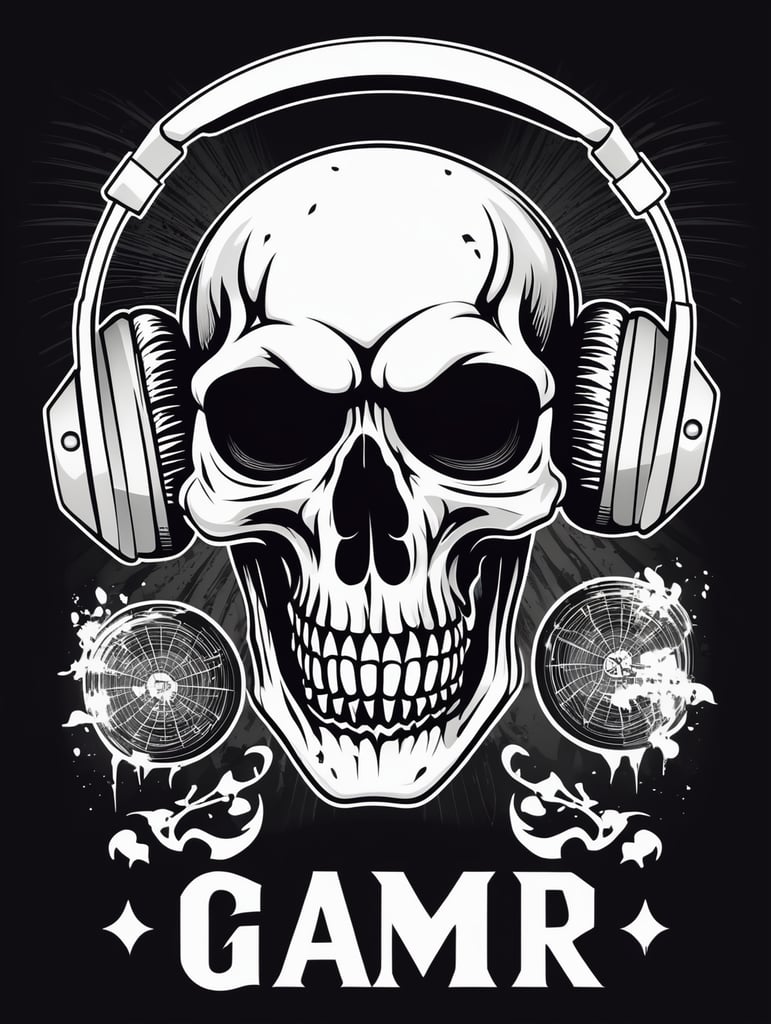 Black and white game over Skull Gaming Logo, vector illustration, vintage dead head or skull of gamer in headphones, vector image