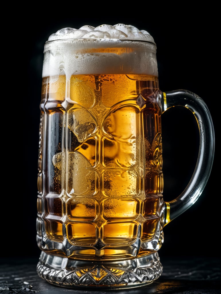 glass beer mug, isolated, black background, professional photo