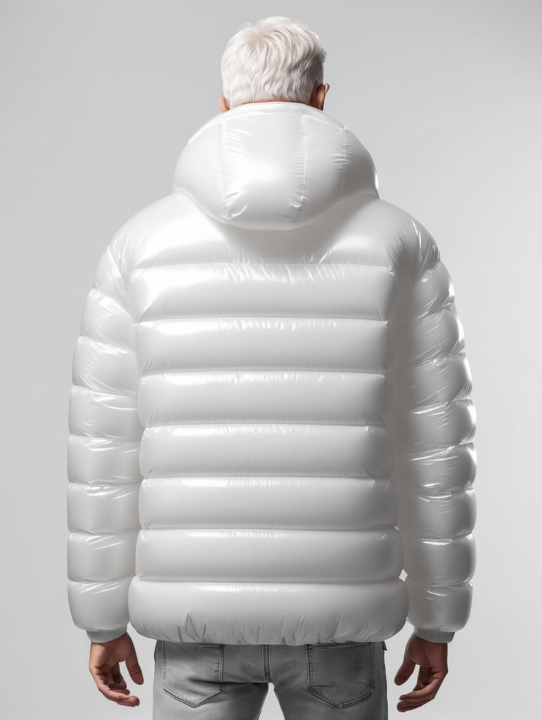 Inflatable white minimalist man's puffer jacket, back view, transparent, isolated, grey background, mockup