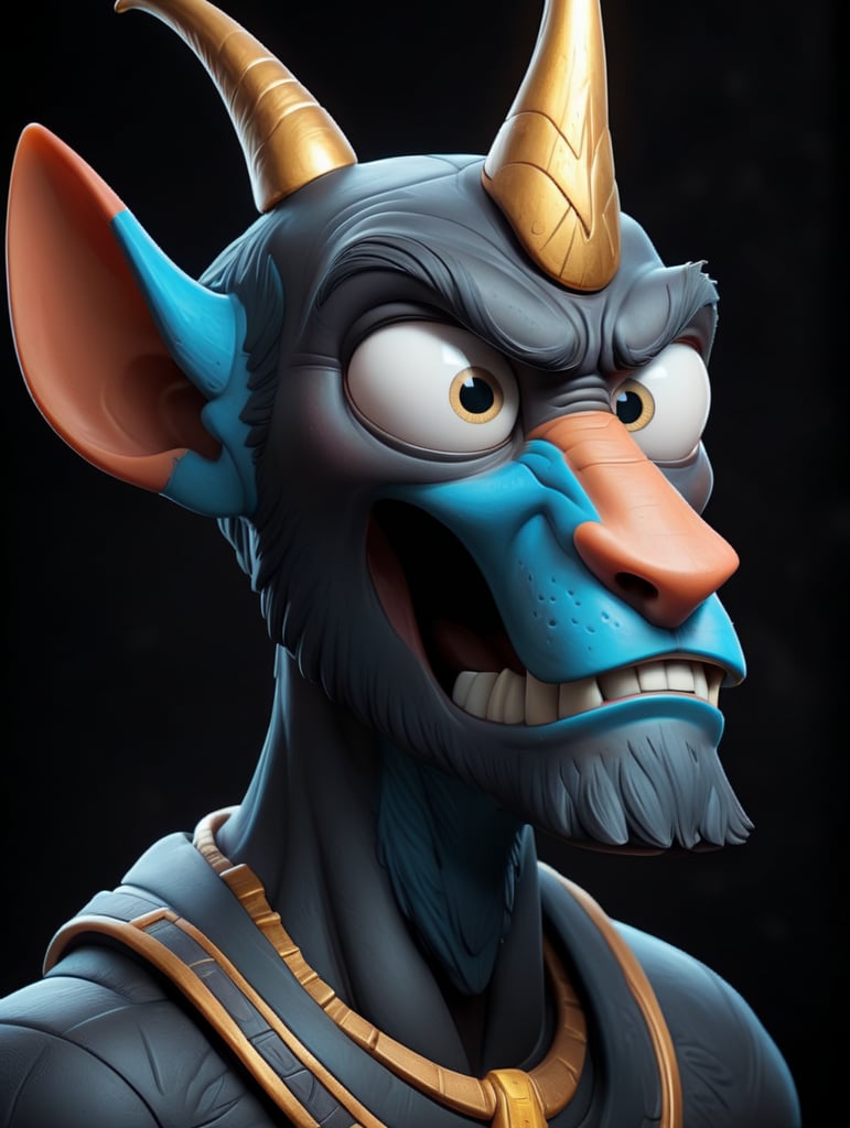 Egyptian god Anubis, portrait, hyper-realistic, dark style, focus on face, sharp on details, black background