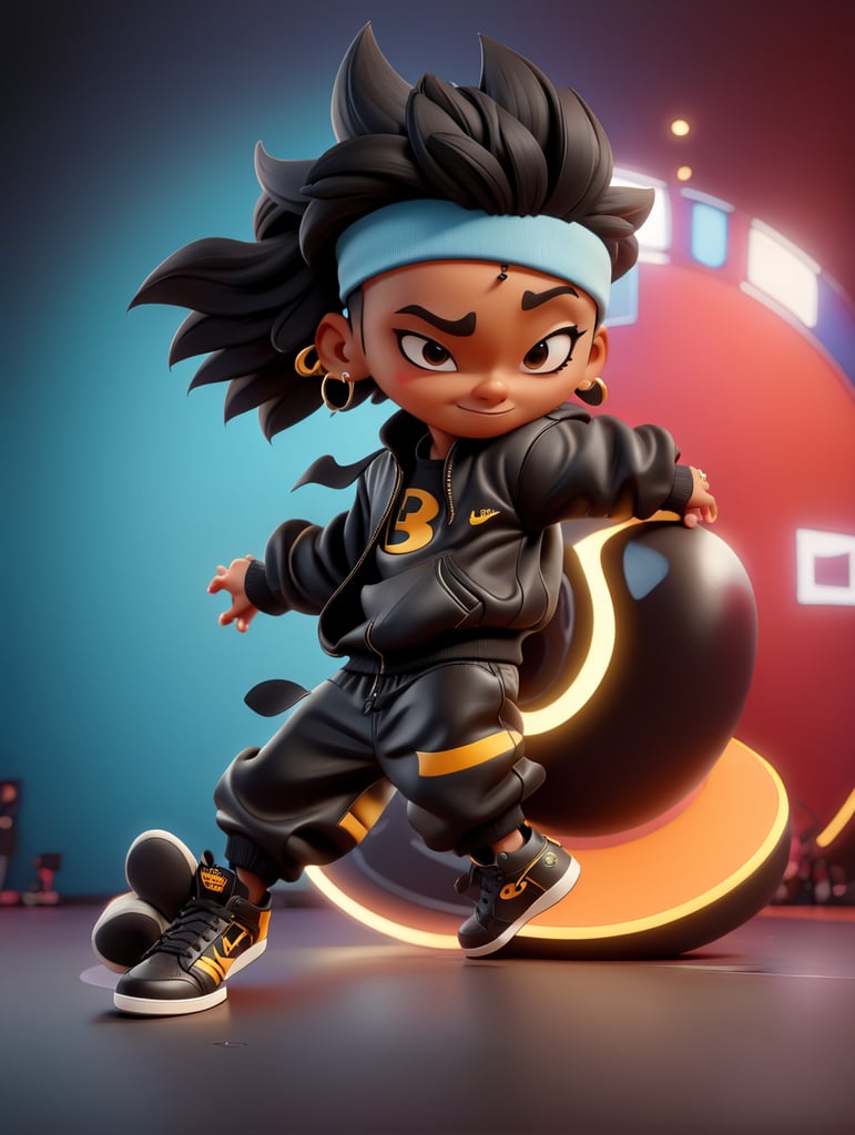 A hip hop breakdancer with leather black tracksuit and sneakers