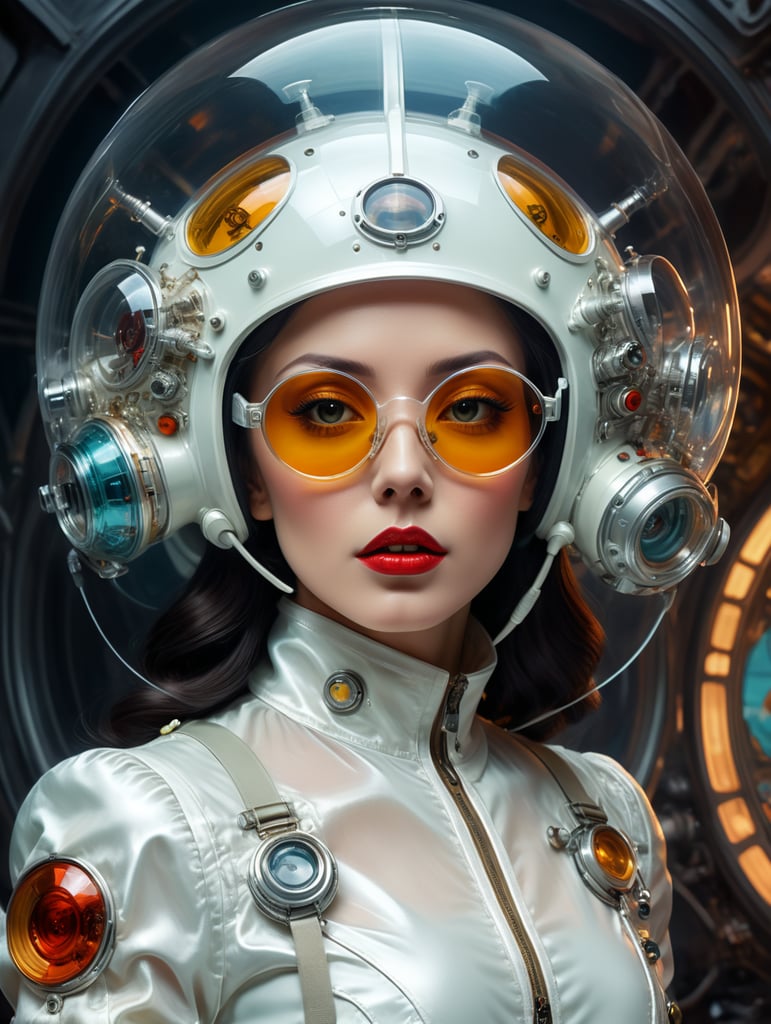 Photography in a vintage sci fi transparent space ship, 60's gorgeous nurse woman in a glossy satin white coat, wearing a large transparent plexiglass mickey mouse helmet glasses, 80 degree view, art by sergio lopez, natalie shau, james jean and salvador dali